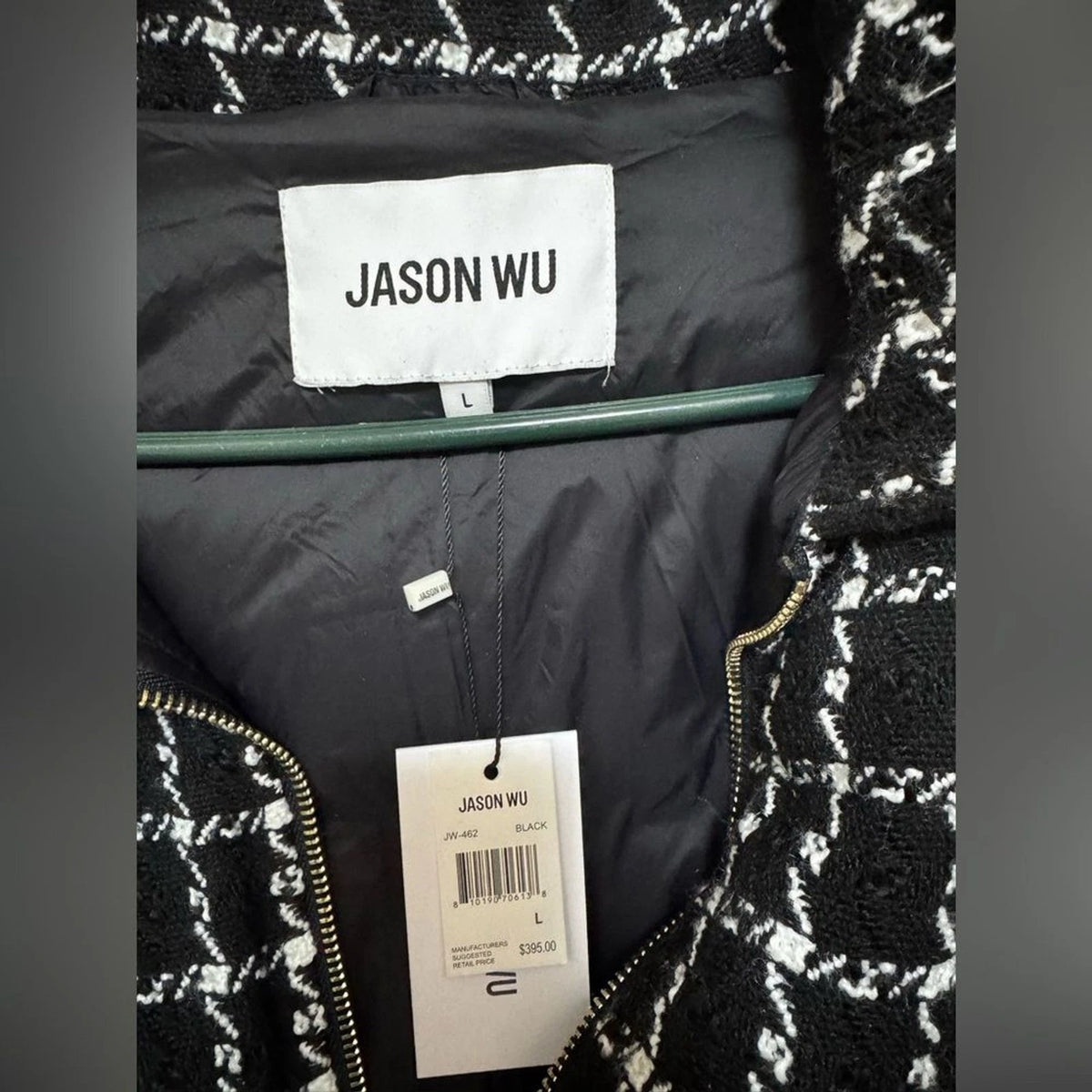 Jason Wu Women’s L Black White Tweed Check Puffer Jacket Gold Zip NWT