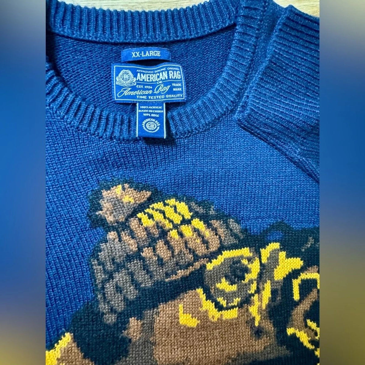 American Rag Cie Bear Sweater Men’s 2XL Blue Long Sleeve Graphic Knit