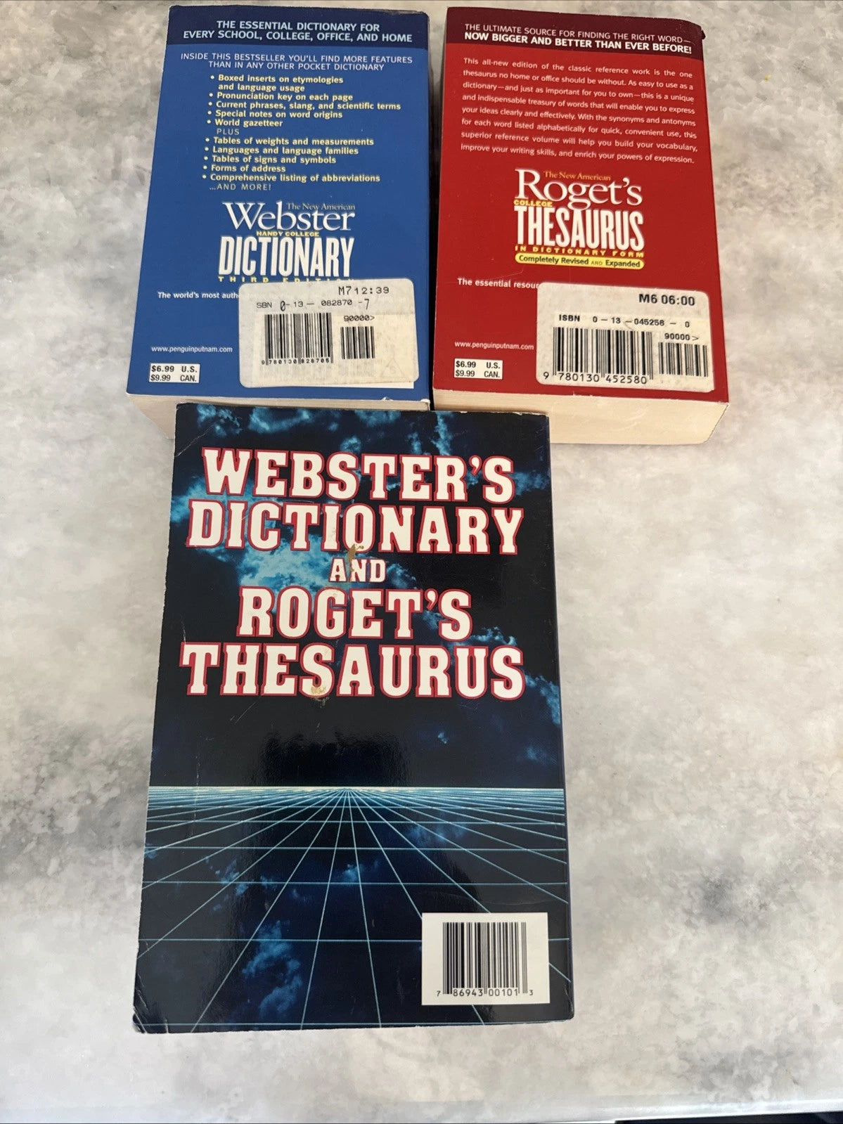 Webster Dictionary Roget’s Thesaurus Reference Book Set 3 College Editions