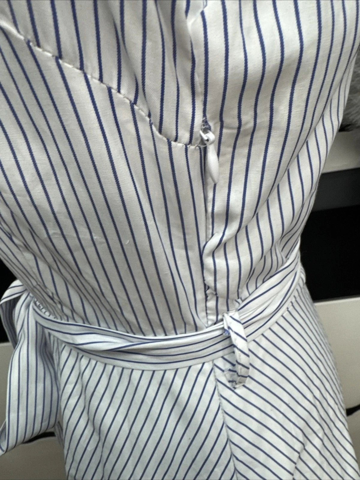 Love Notes Blue White Striped Shirt Dress Women's Large Sleeveless Belted Mini
