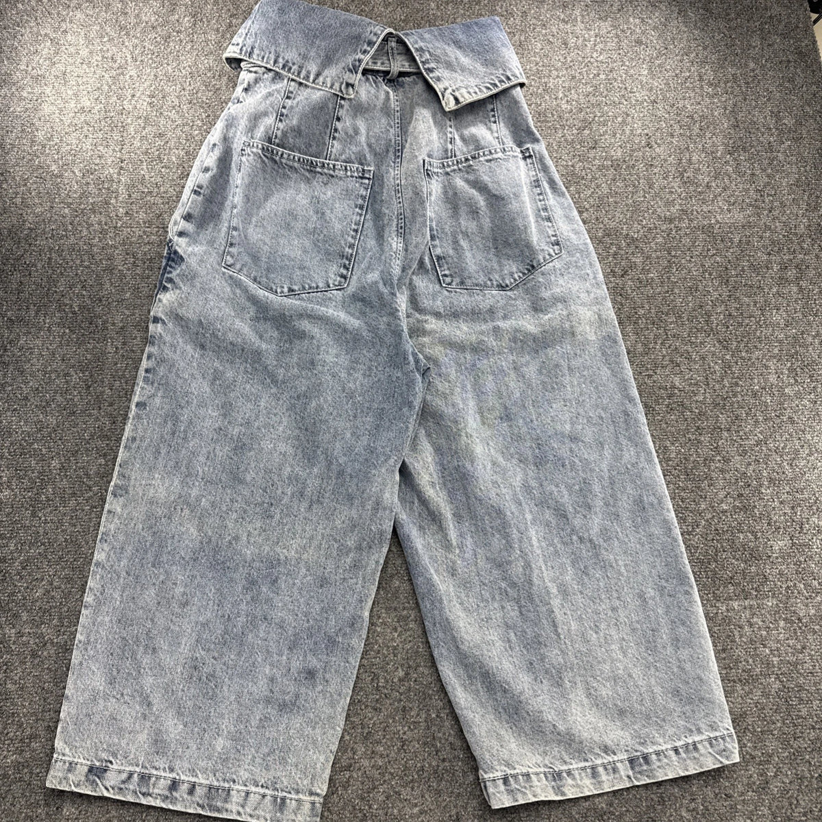 Walk In Dark Acid Wash Paperbag Waist Wide Leg Crop Jeans Medium