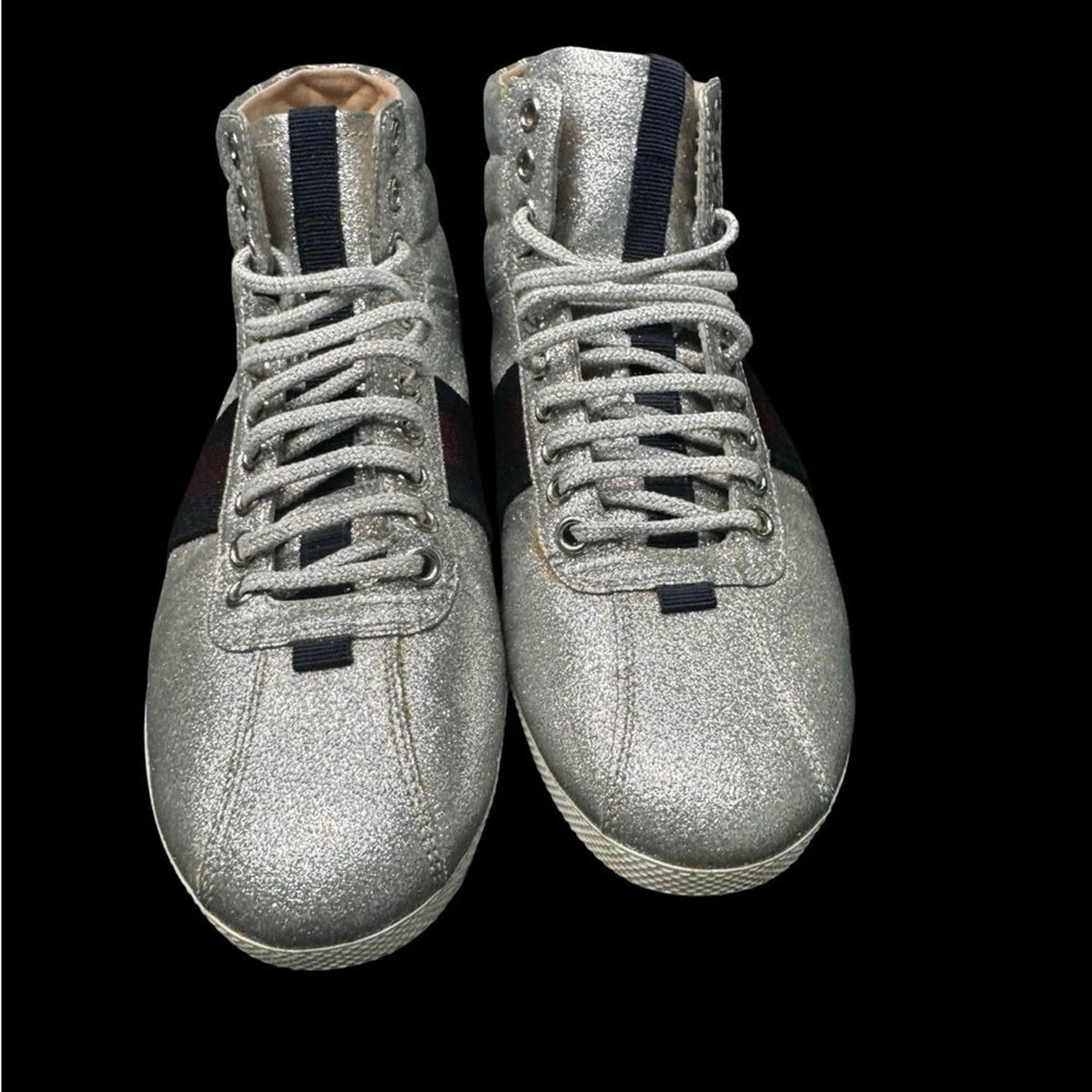 Gucci Glitter Web High Top Sneakers Women EU 38 Silver Designer Shoes Italy