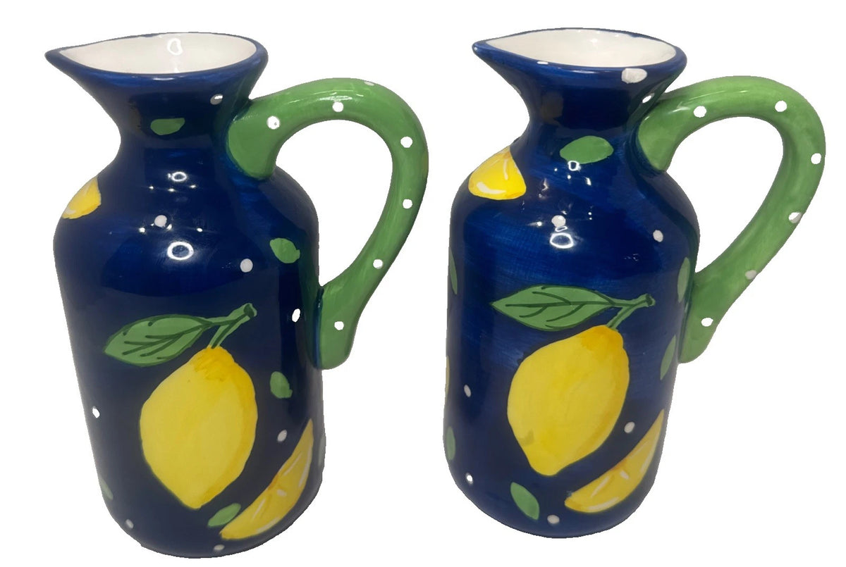 Bella Casa by Ganz Lemon Ceramic Pitchers Set of 2 Blue Green Yellow 6”