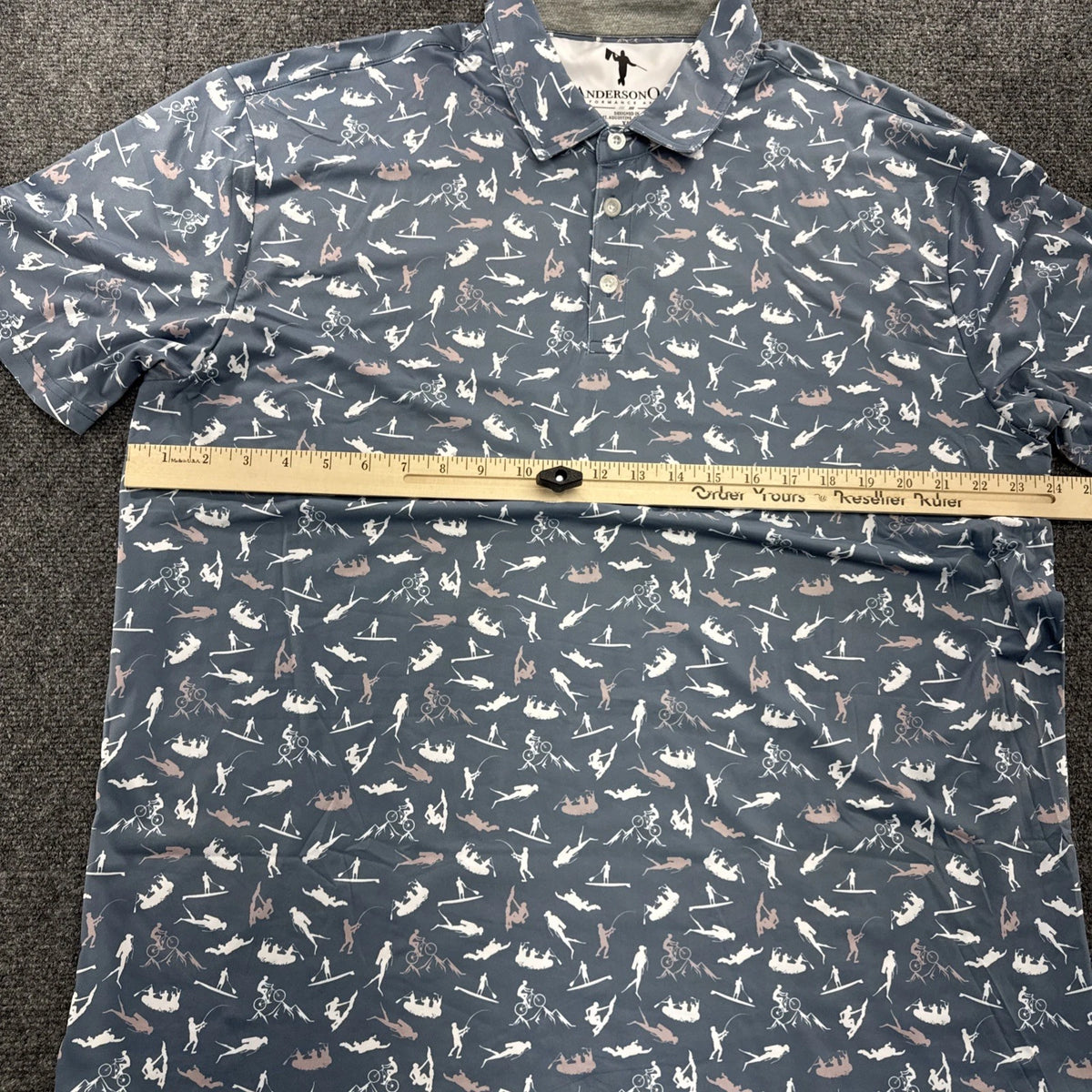 AndersonOrd Eli Polo Mens XL Golf Outdoor Fishing Ski Cycling Bluefin Print NWT