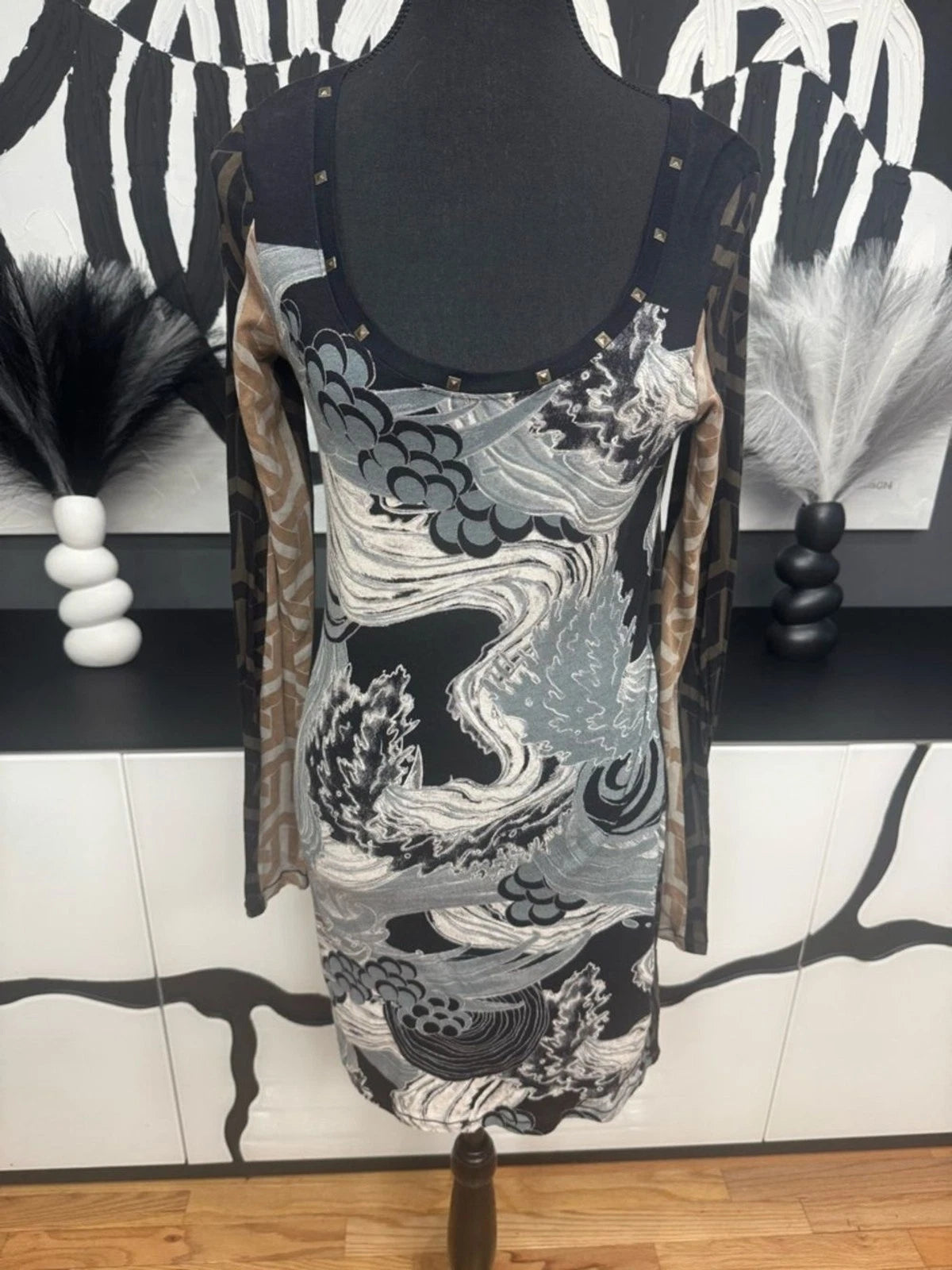 Custo Chic High Illustrations Couture Mini Dress, Women's L, Black Floral Studded - Pre-Owned