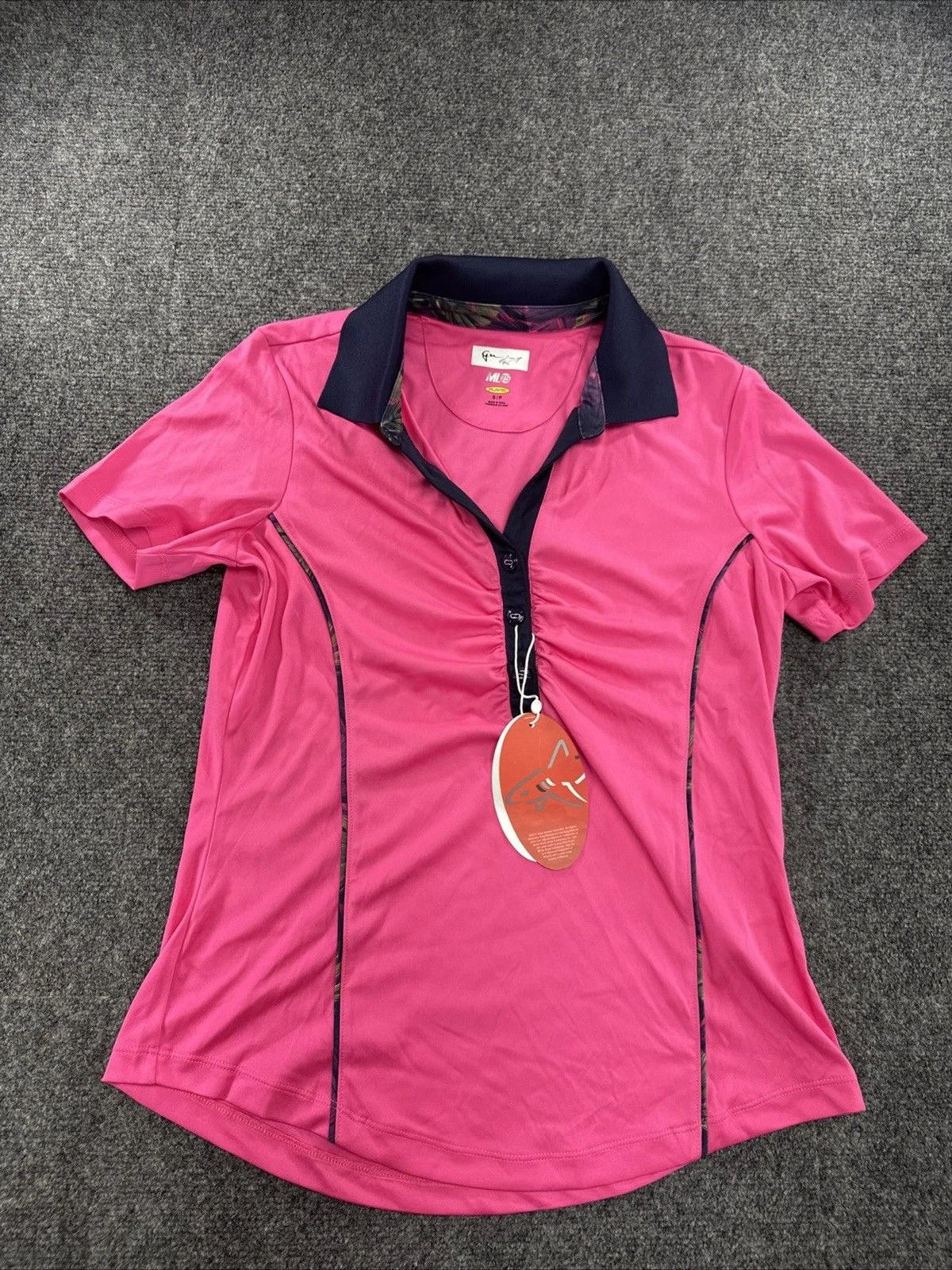 Greg Norman ML75 Play Dry Golf Polo Women Small Bright Pink Navy Ruched NWT