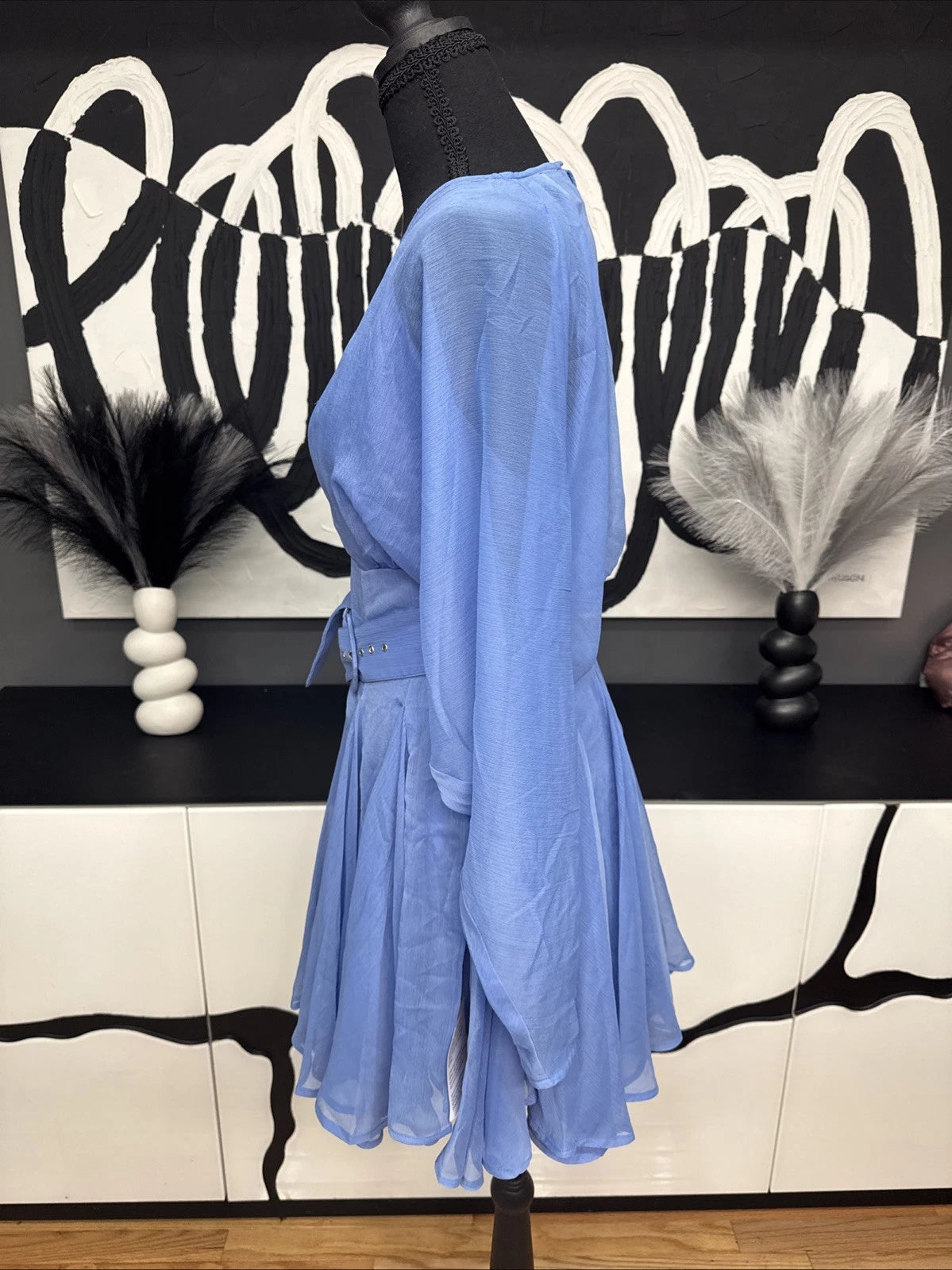 ASOS DESIGN Blue Chiffon Mini Dress Women's 4 Long Sleeve Belted NWT