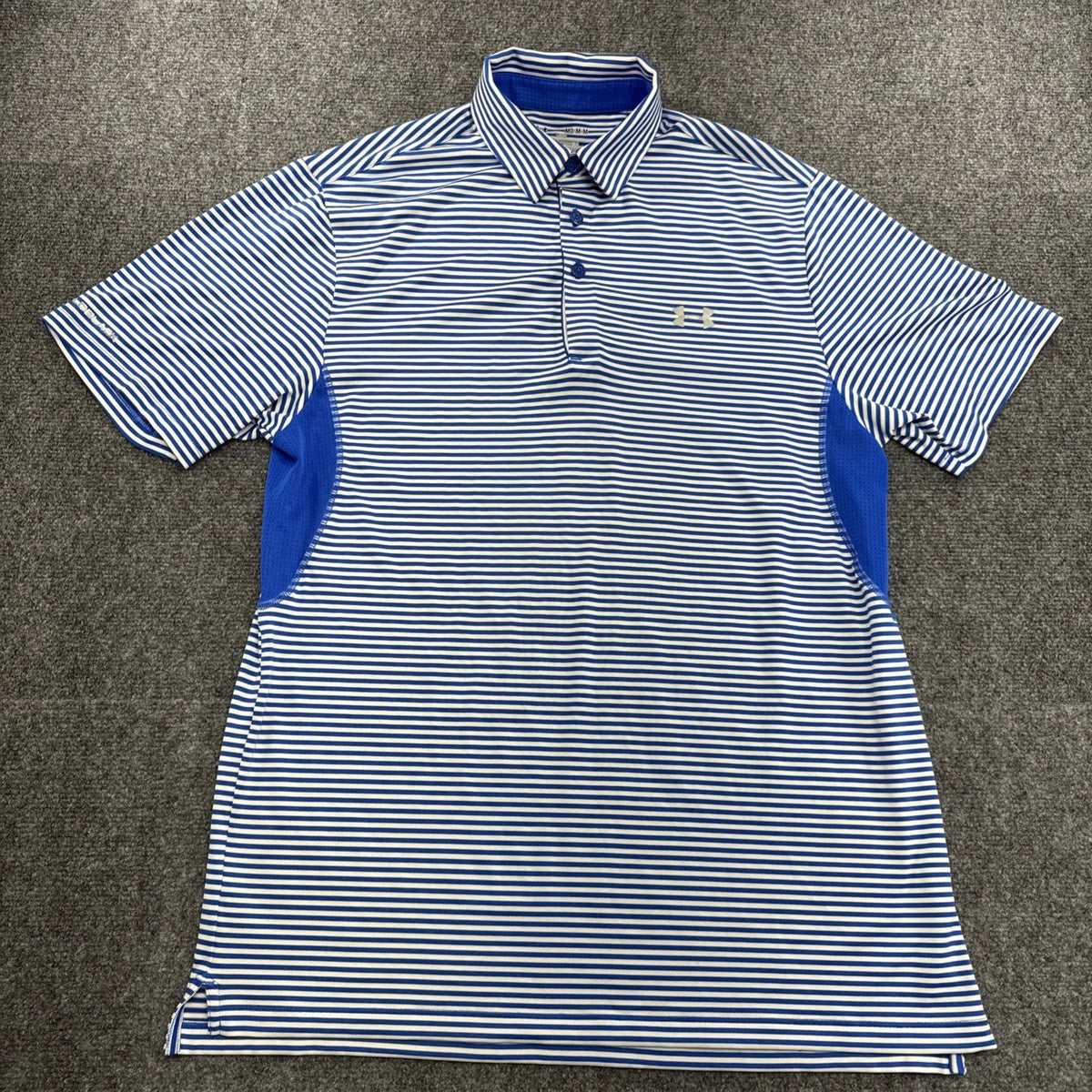 Under Armour HeatGear Blue White Striped Golf Polo Shirt Men Medium Loose Fit