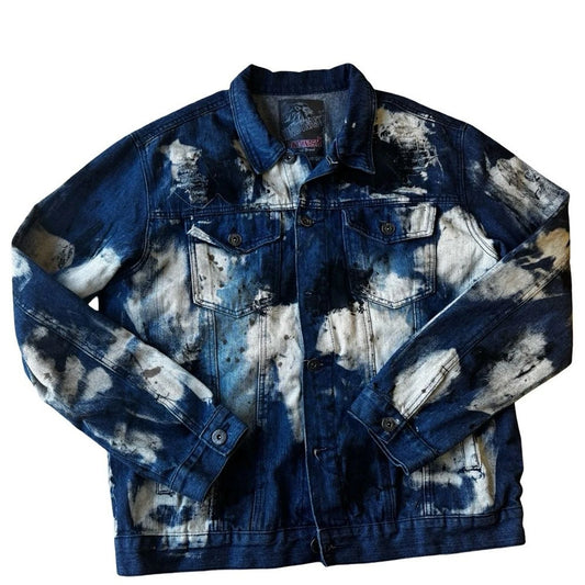Lion Dynasty Paint Splatter Denim Jacket Men’s XXL Blue Streetwear