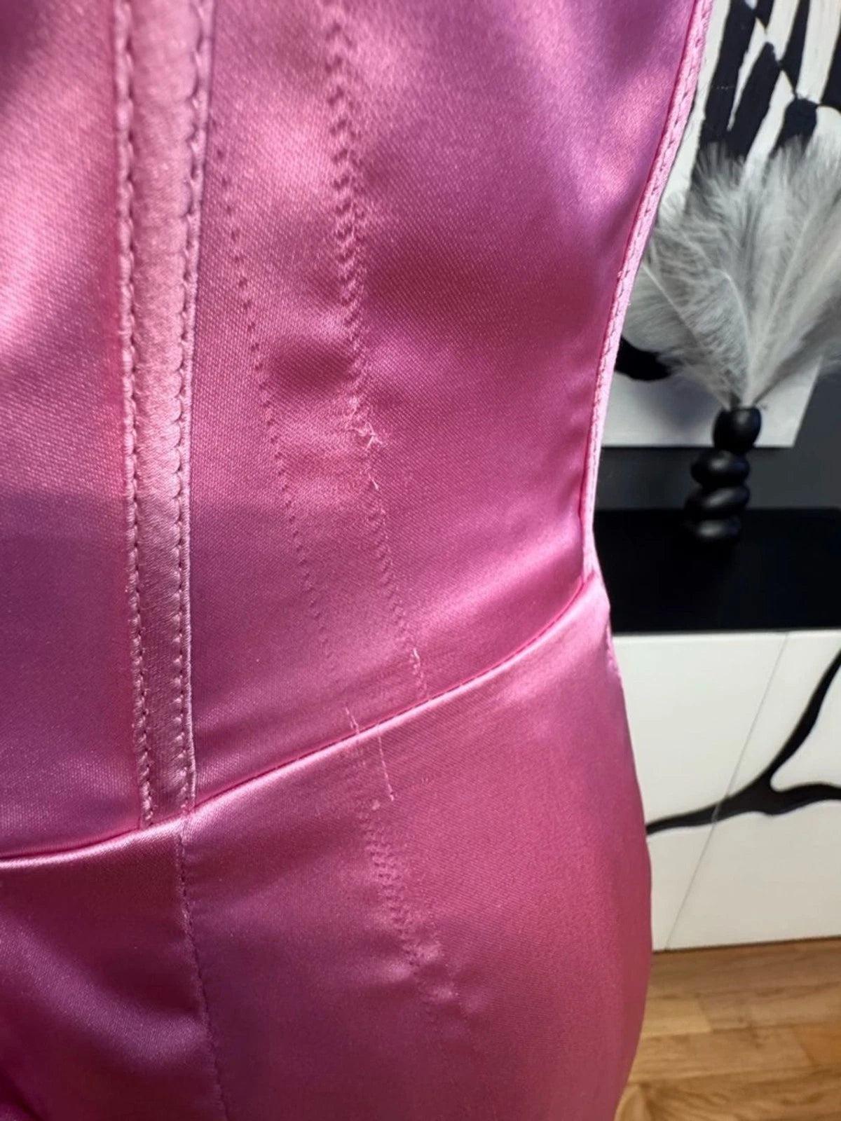 Ladivine Pink Satin Corset Gown Women's 6 Crystal Straps High Slit Formal