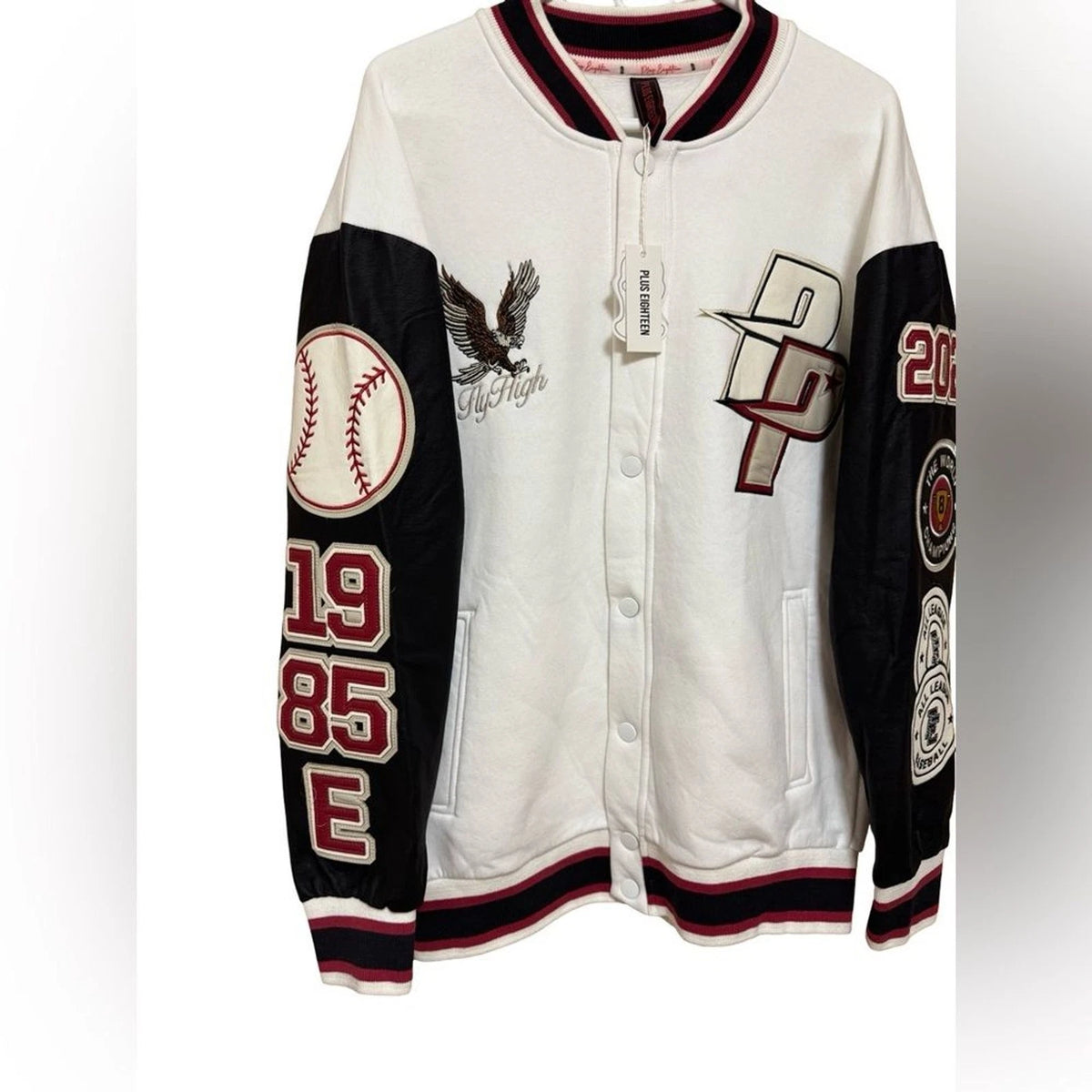 Plus Eighteen Varsity Jacket Men's Large White Black Red Baseball Letterman NWT