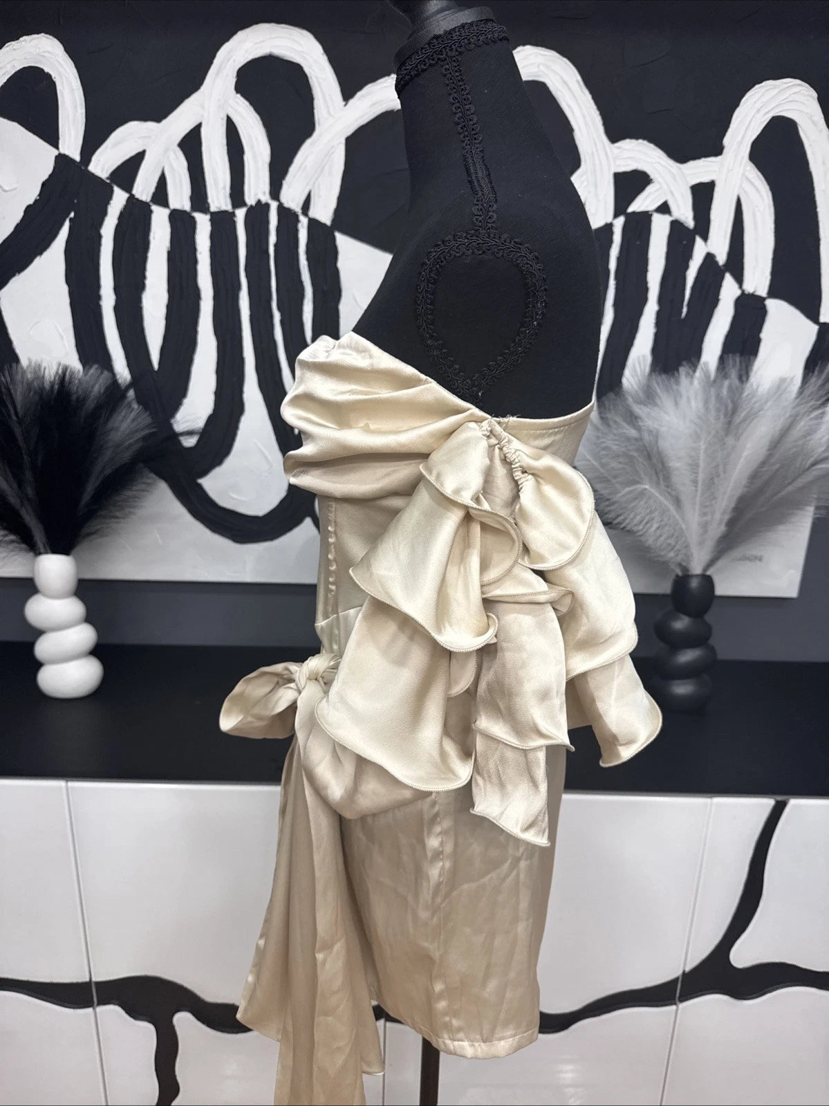 PrettyLittleThing Satin Off Shoulder Mini Dress Women’s US 4 Champagne Ruffle