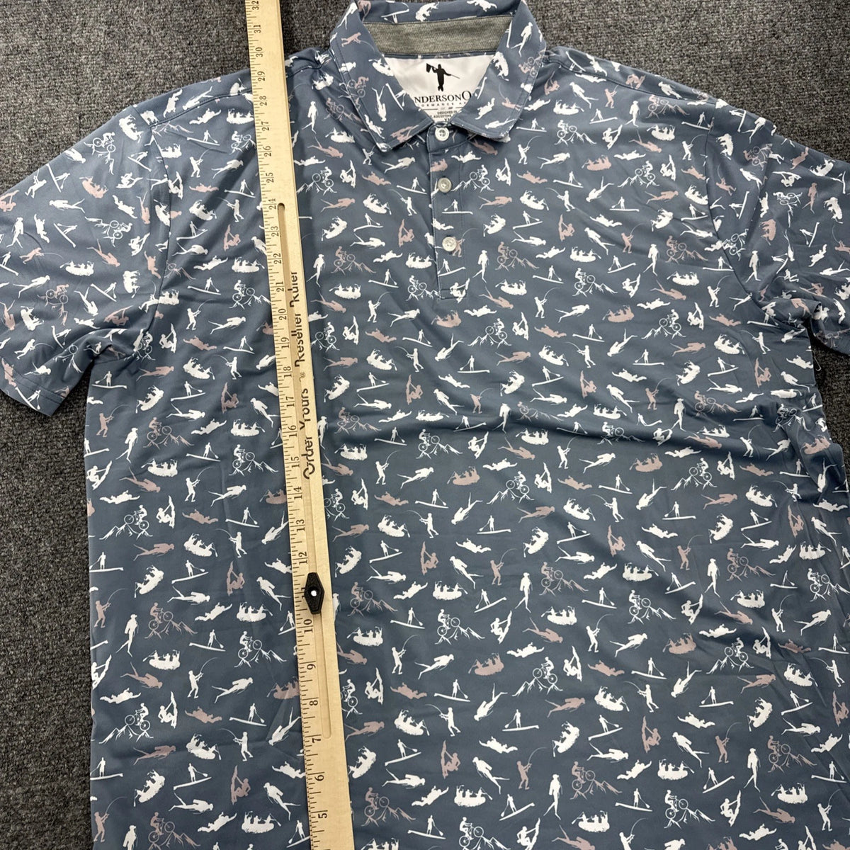 AndersonOrd Eli Polo Mens XL Golf Outdoor Fishing Ski Cycling Bluefin Print NWT
