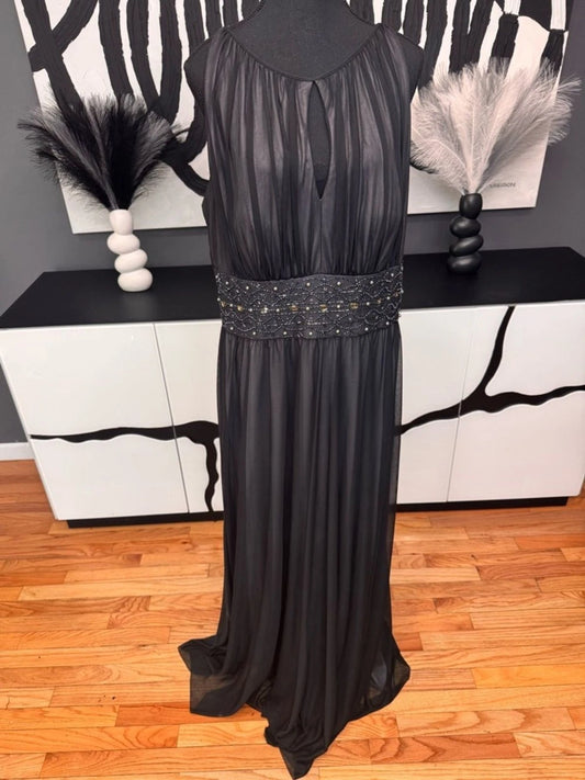 Jessica Howard Black Rhinestone Waist Long Evening Dress Size 16 Sleeveless
