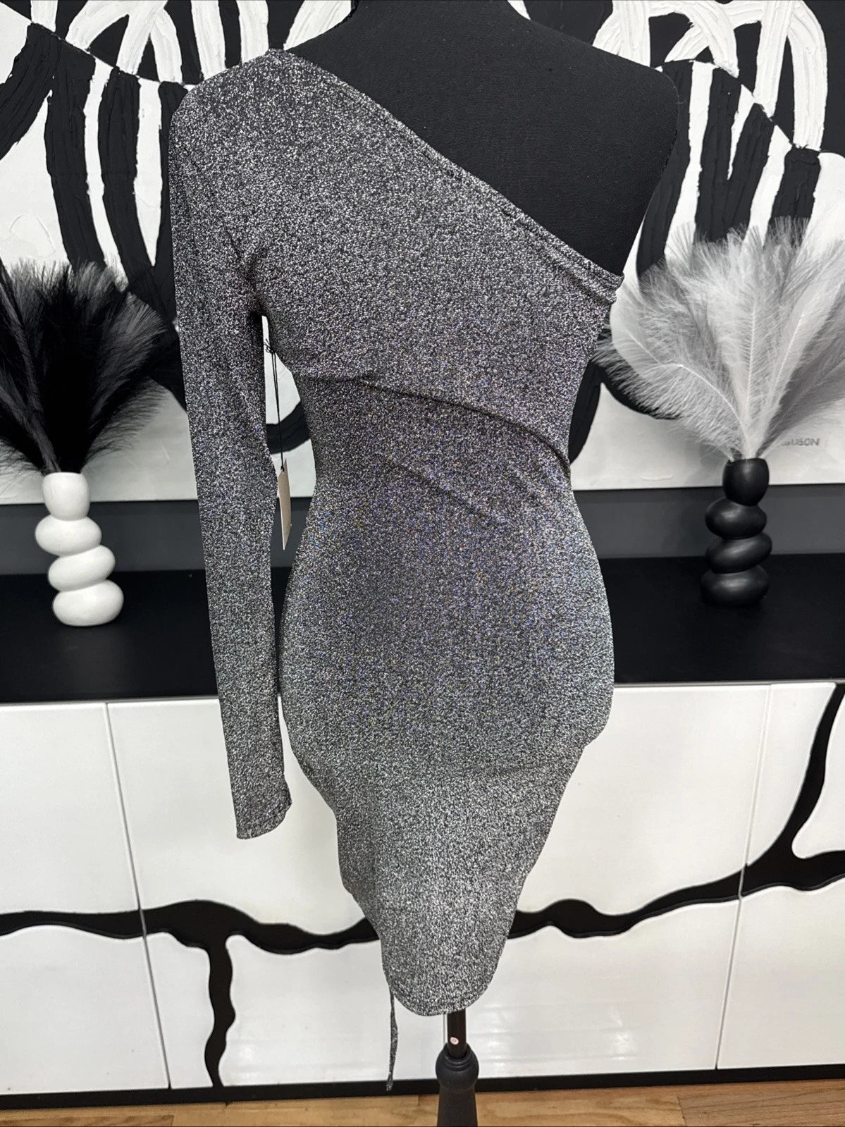 Superdown Silver Metallic One Shoulder Ruched Mini Dress Women’s Small