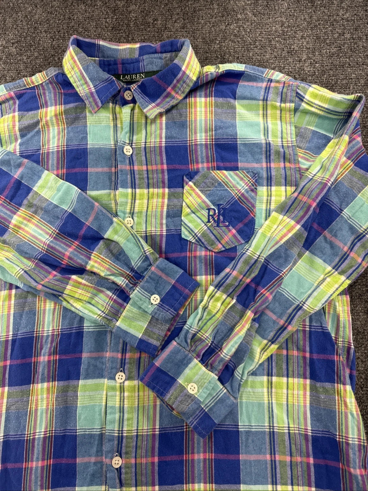 Lauren Ralph Lauren Madras Plaid Shirt Womens M Blue Green Pink RL Monogram