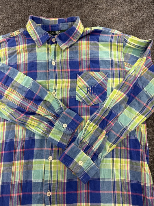 Lauren Ralph Lauren Madras Plaid Shirt Womens M Blue Green Pink RL Monogram
