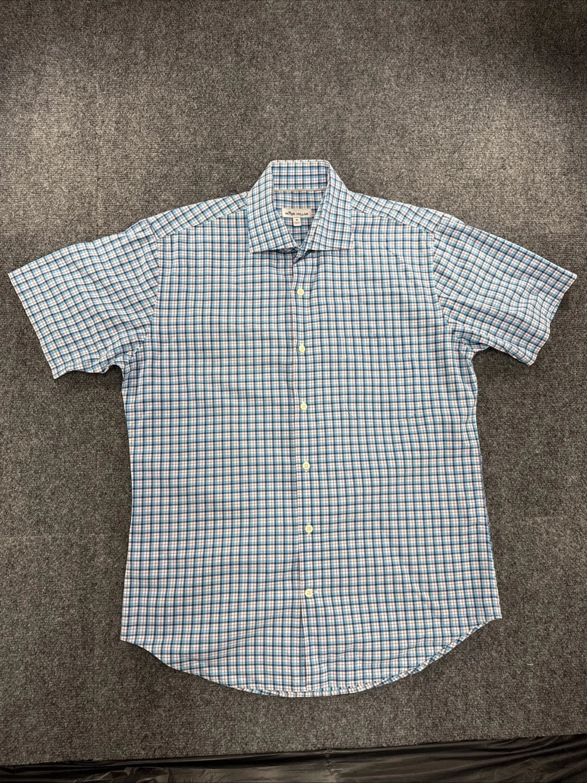 Peter Millar Plaid Button Front Shirt Men’s Medium Blue Pink Short Sleeve