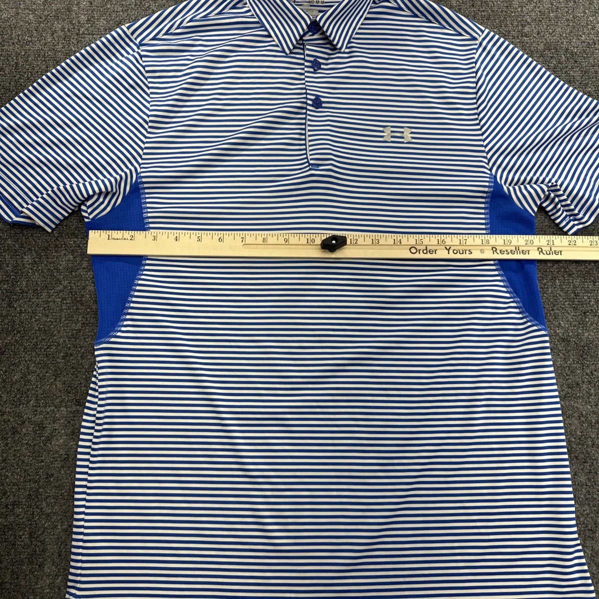 Under Armour HeatGear Blue White Striped Golf Polo Shirt Men Medium Loose Fit