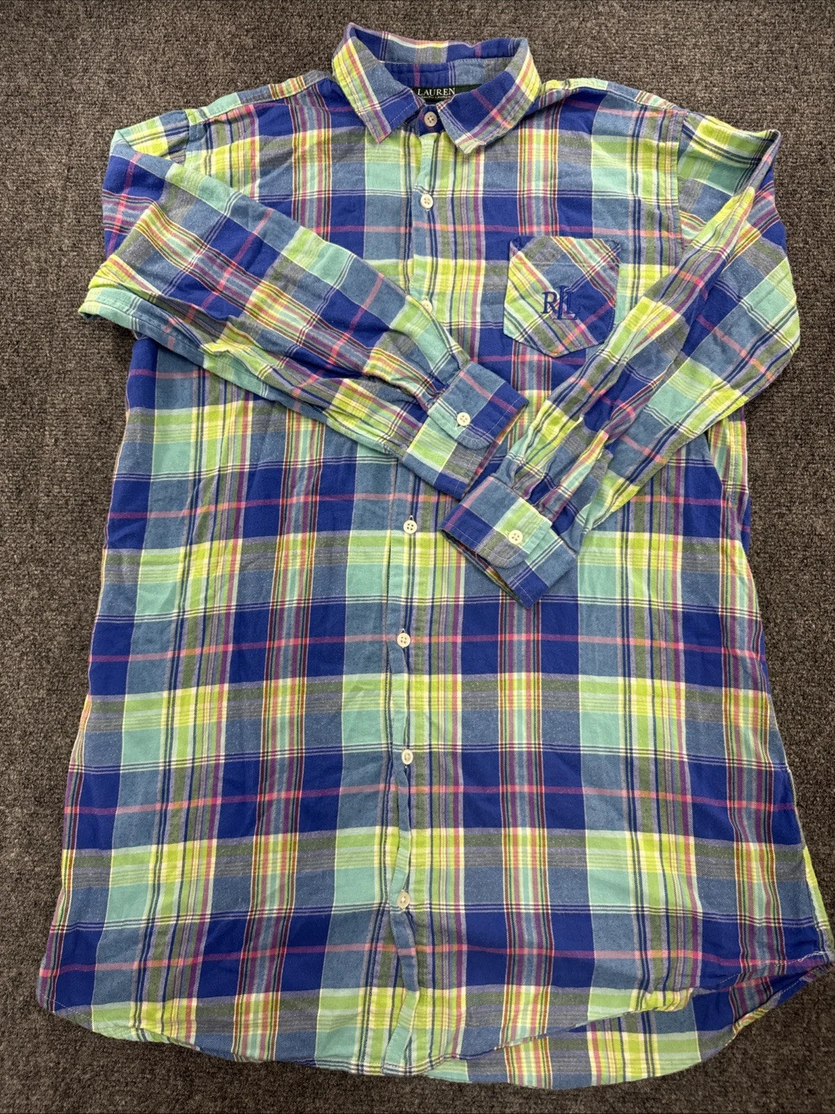 Lauren Ralph Lauren Madras Plaid Shirt Womens M Blue Green Pink RL Monogram