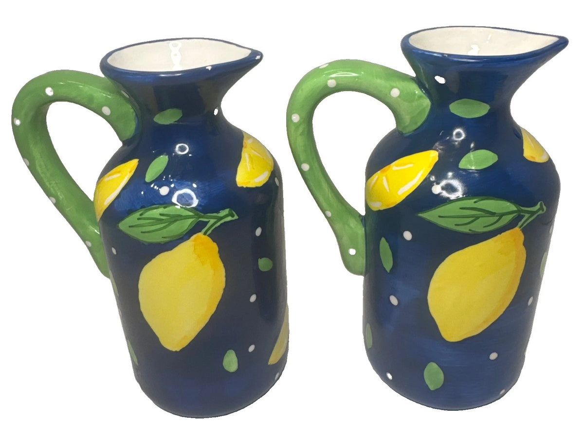 Bella Casa by Ganz Lemon Ceramic Pitchers Set of 2 Blue Green Yellow 6”