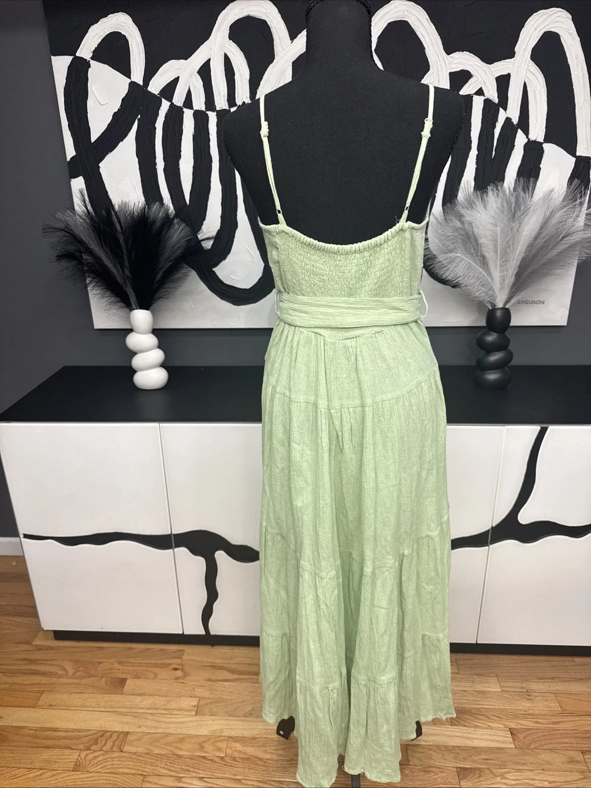 ASOS DESIGN Green Linen Blend Midi Dress Women's US 6 Belted Sundress Boho