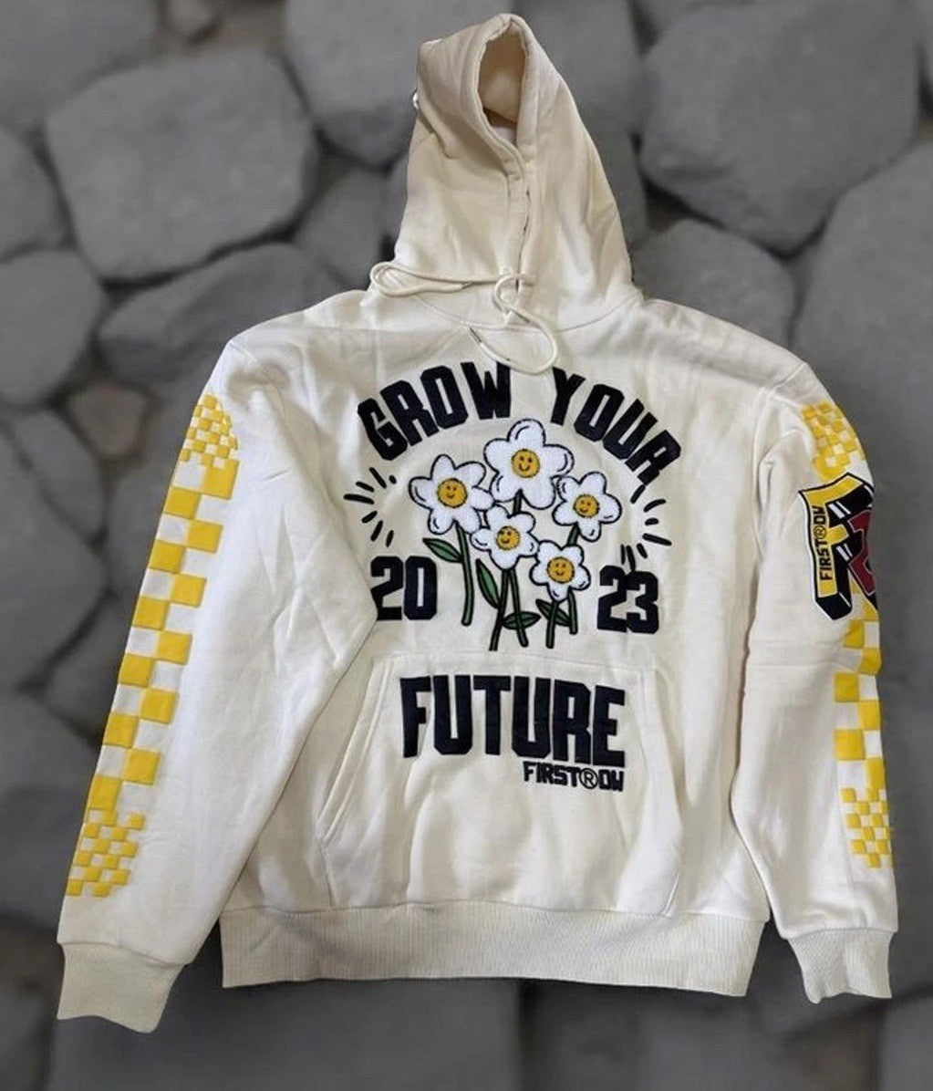 First Row Grow Your Future Hoodie Men’s Large Cream Graphic Streetwear New