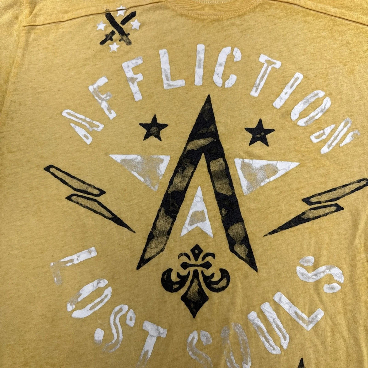 Affliction Lost Souls Men's XXL Yellow Graphic Biker Y2K T-Shirt