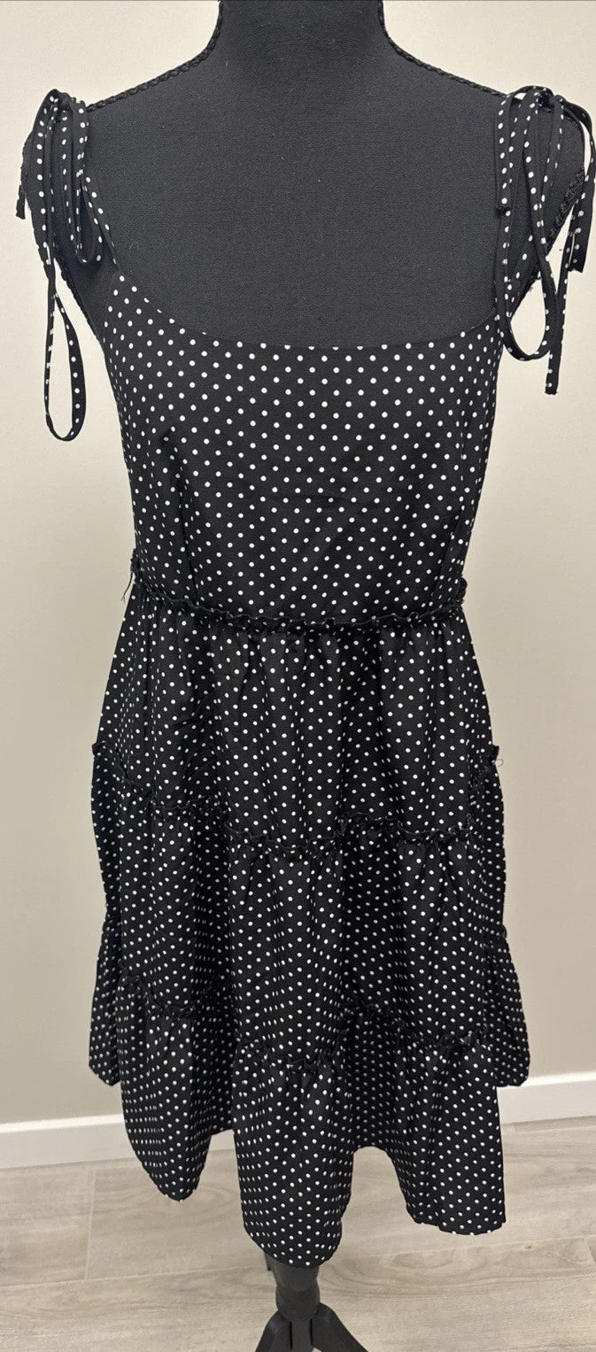 Greath Black White Polka Dot Tiered Midi Dress Women's M Tie Strap Boho