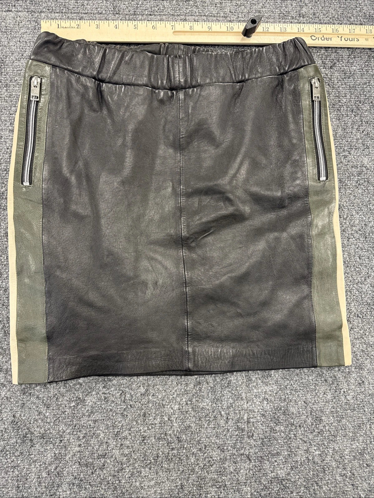 Mauritius Genuine Leather Mini Skirt Womens S Black Olive Tan Colorblock Zip