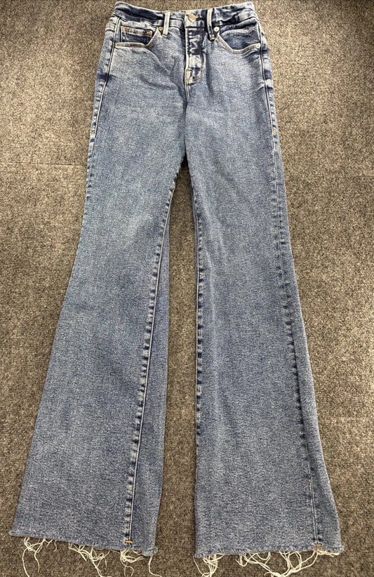Good American Good Flare Jeans Womens 0 25 High Rise Blue Raw Hem GFH127T