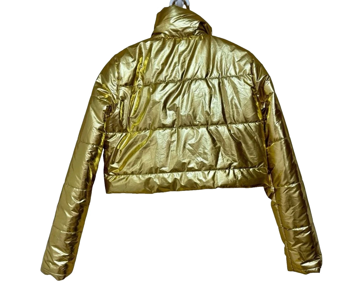 36 Point 5 Gold Metallic Cropped Puffer Jacket Womens M Shiny Winter