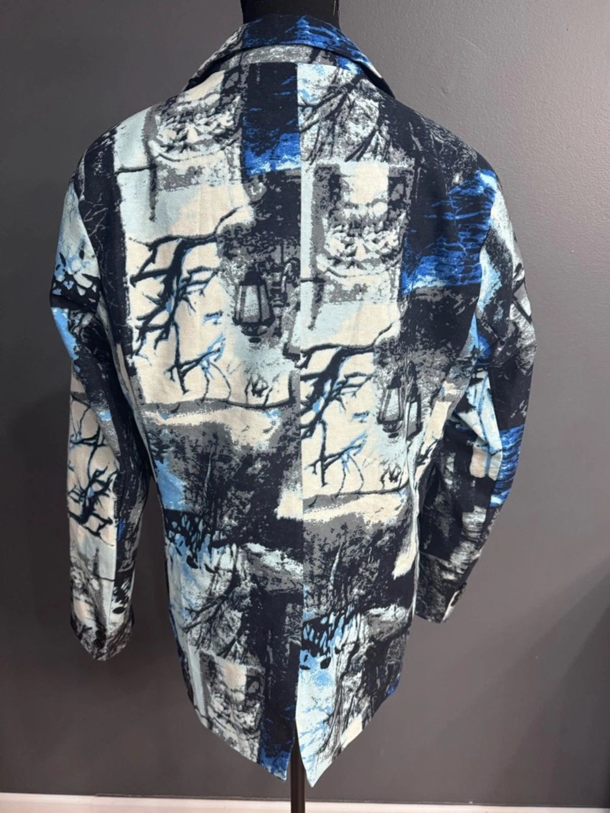HEYDHSDC Mens M Black Blue Abstract Print Slim Fit Party Blazer Jacket