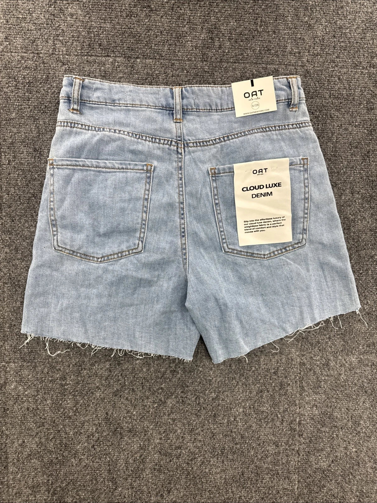 OAT New York Cloud Luxe Denim Shorts 28 Light Wash High Rise Raw Hem NWT