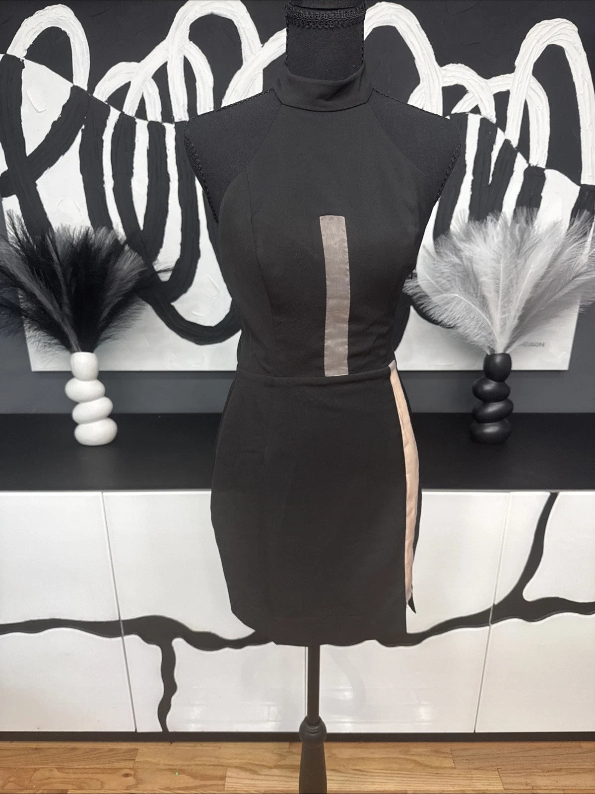 NBD Bodycon Cocktail Dress Women’s Small Black Mesh Mock Neck Party Mini Dress