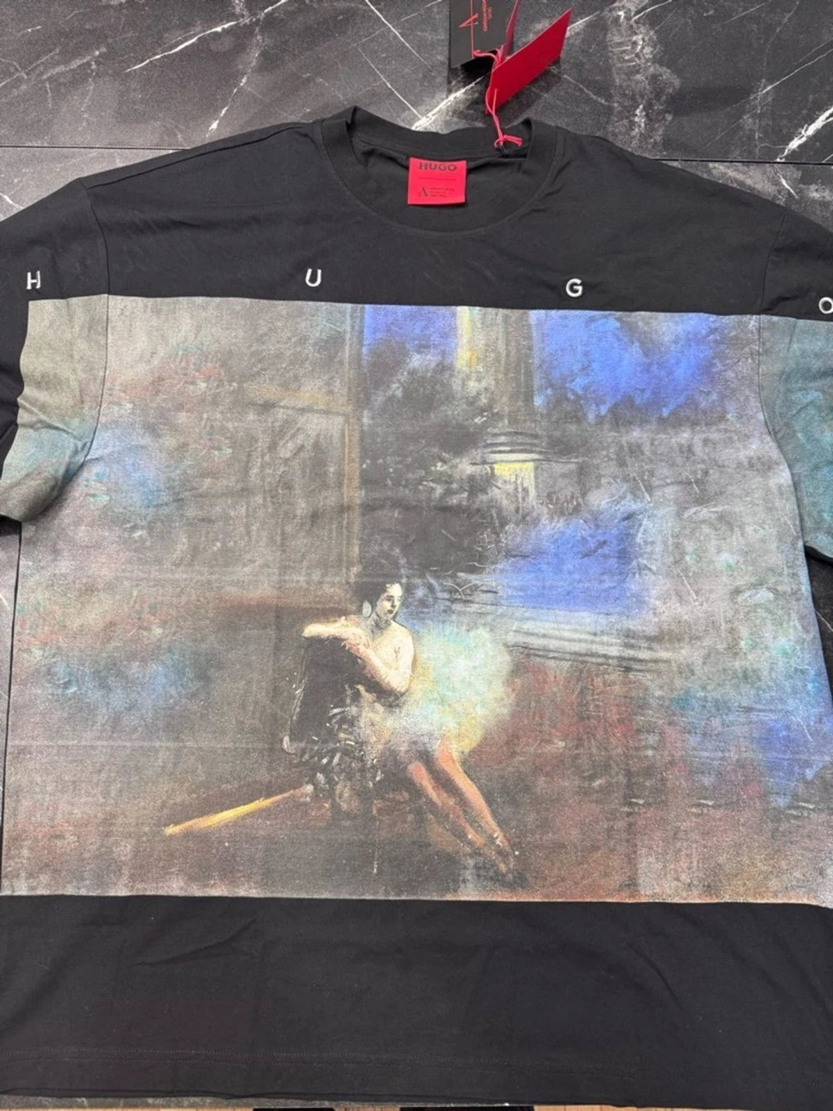 Hugo Boss Oversized Graphic T Shirt Mens XL Art Print Embroidered Cotton