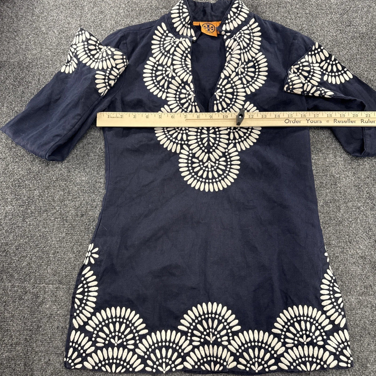Tory Burch Odelia Linen Tunic Dress Women’s 2 Navy Embroidered Resort Boho
