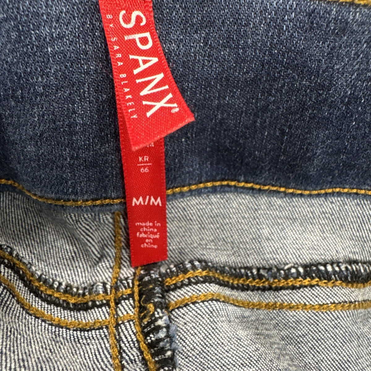 SPANX Distressed Skinny Jeans Womens M Medium Wash Pull On Raw Hem Stretch Denim