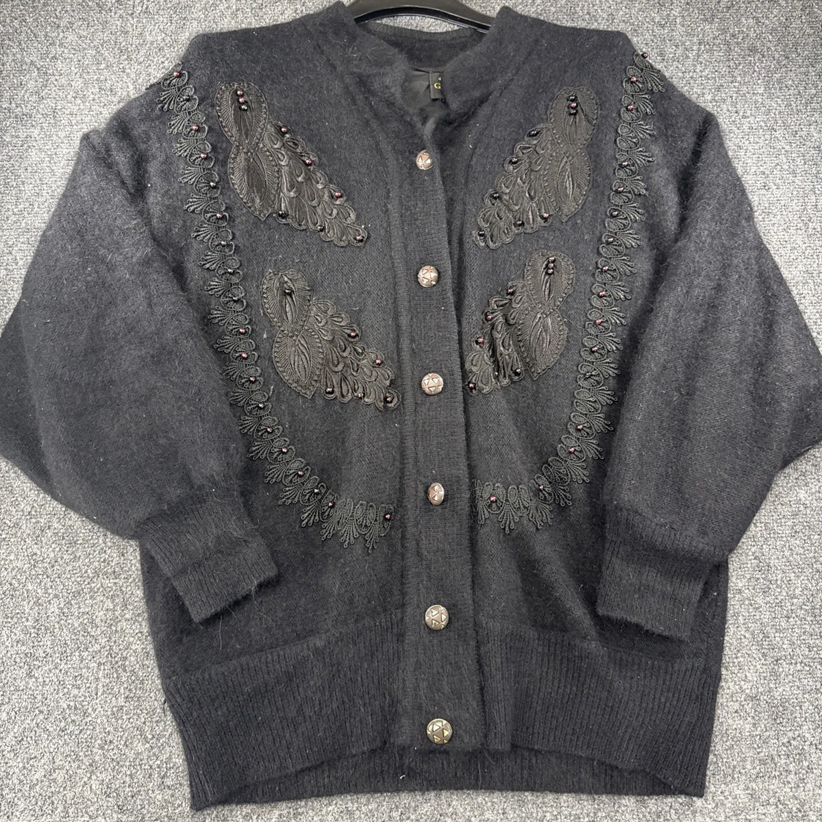 Vintage Gizel Angora Cardigan Women’s Large Black Beaded Embroidered Sweater