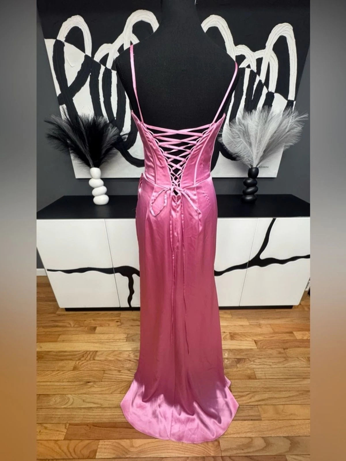 Ladivine Pink Satin Corset Gown Women's 6 Crystal Straps High Slit Formal