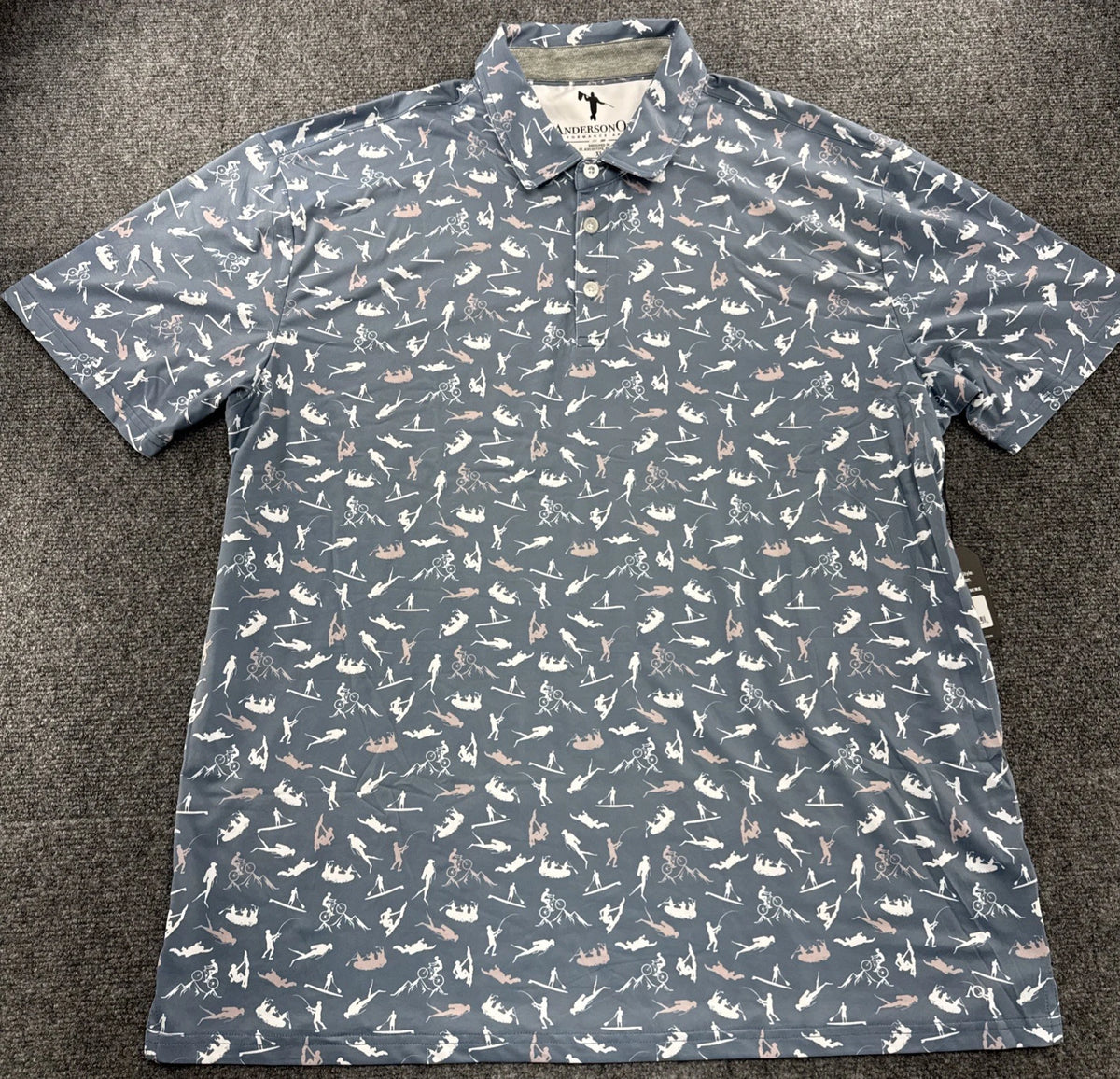 AndersonOrd Eli Polo Mens XL Golf Outdoor Fishing Ski Cycling Bluefin Print NWT