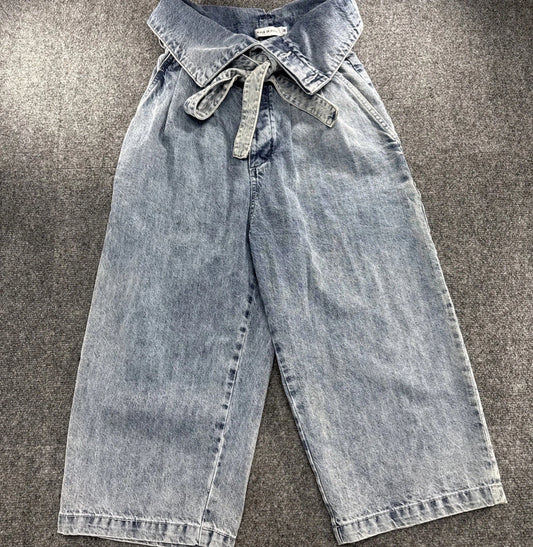 Walk In Dark Acid Wash Paperbag Waist Wide Leg Crop Jeans Medium