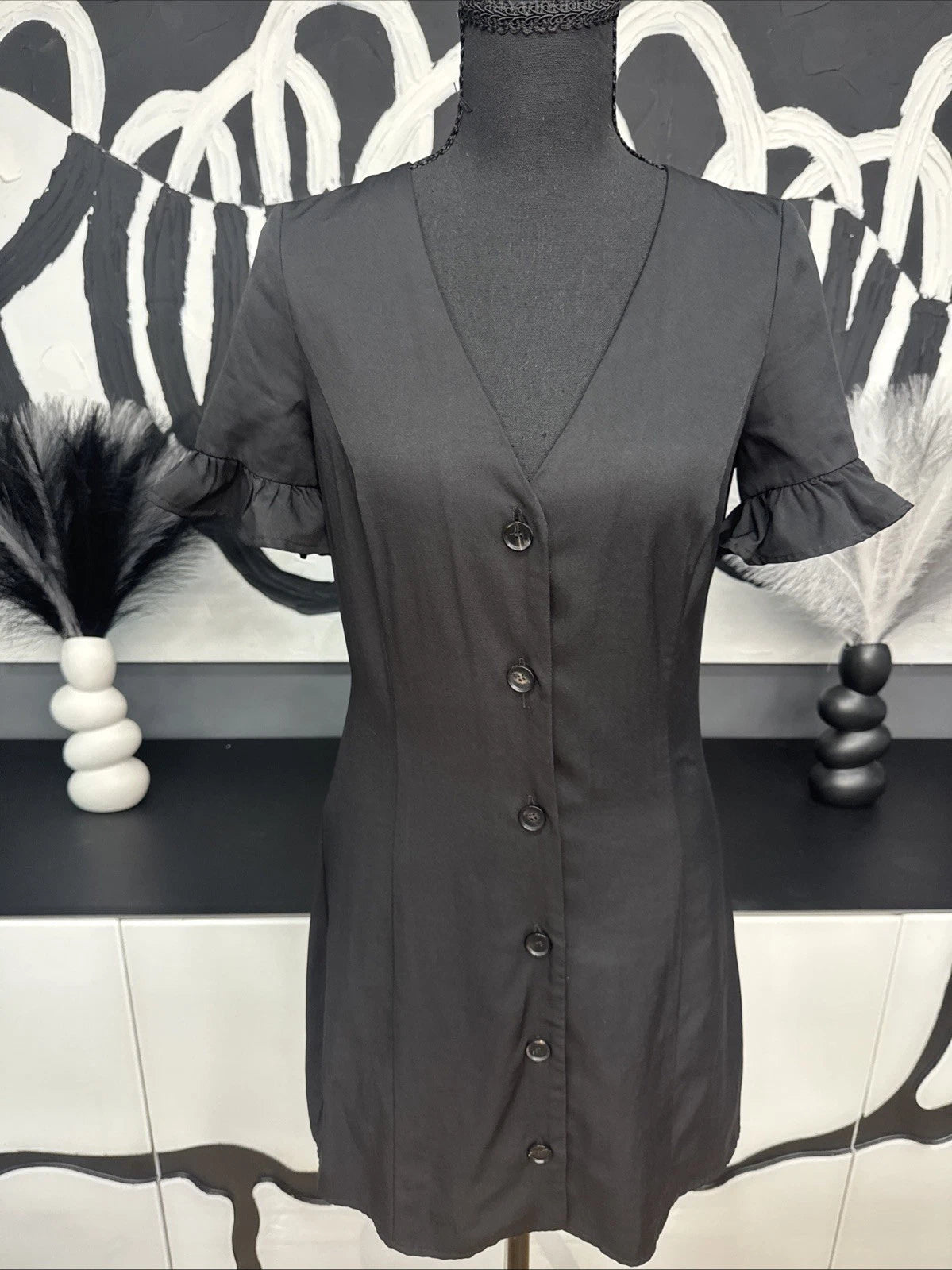 TRF Collection Black Button Front Mini Dress Women’s 8 Puff Sleeve Cottagecore