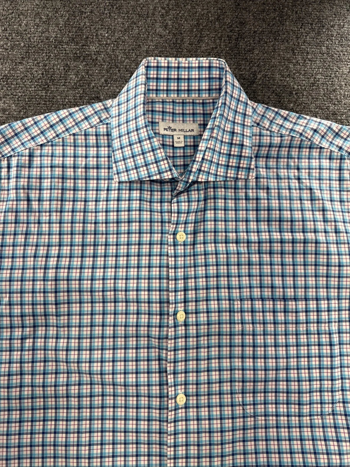 Peter Millar Plaid Button Front Shirt Men’s Medium Blue Pink Short Sleeve