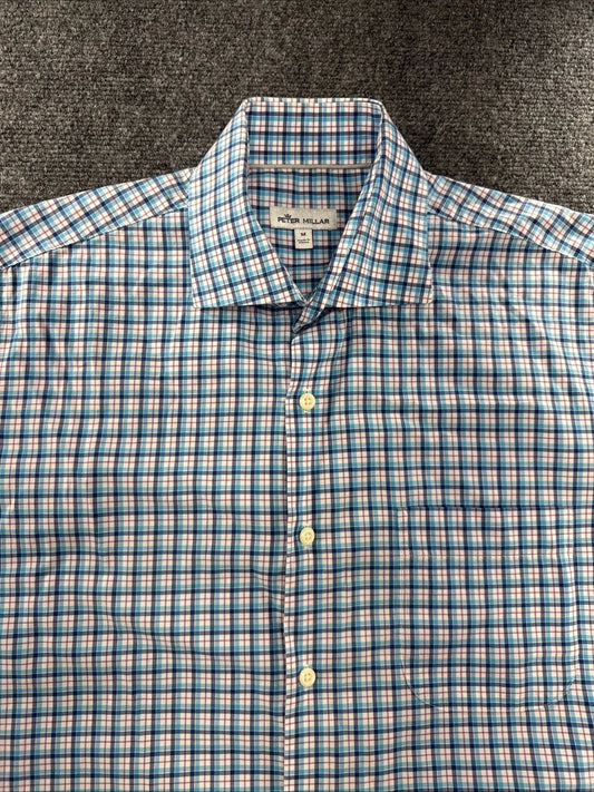 Peter Millar Plaid Button Front Shirt Men’s Medium Blue Pink Short Sleeve