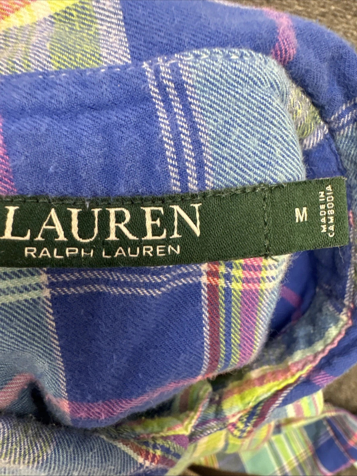 Lauren Ralph Lauren Madras Plaid Shirt Womens M Blue Green Pink RL Monogram