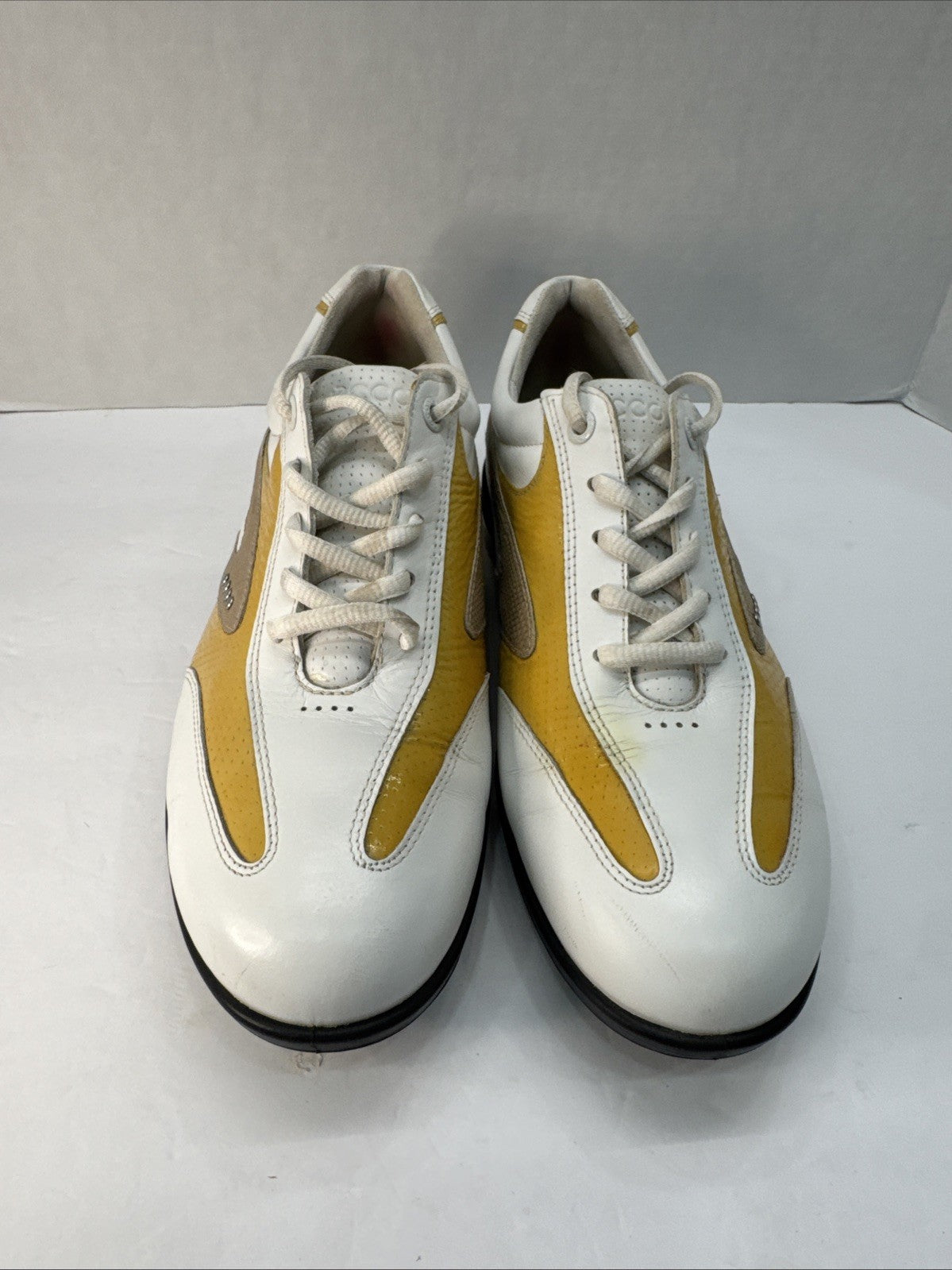 ECCO Hydromax Golf Shoes Men 41 US 7-7.5 White Yellow Leather Spiked Cleats