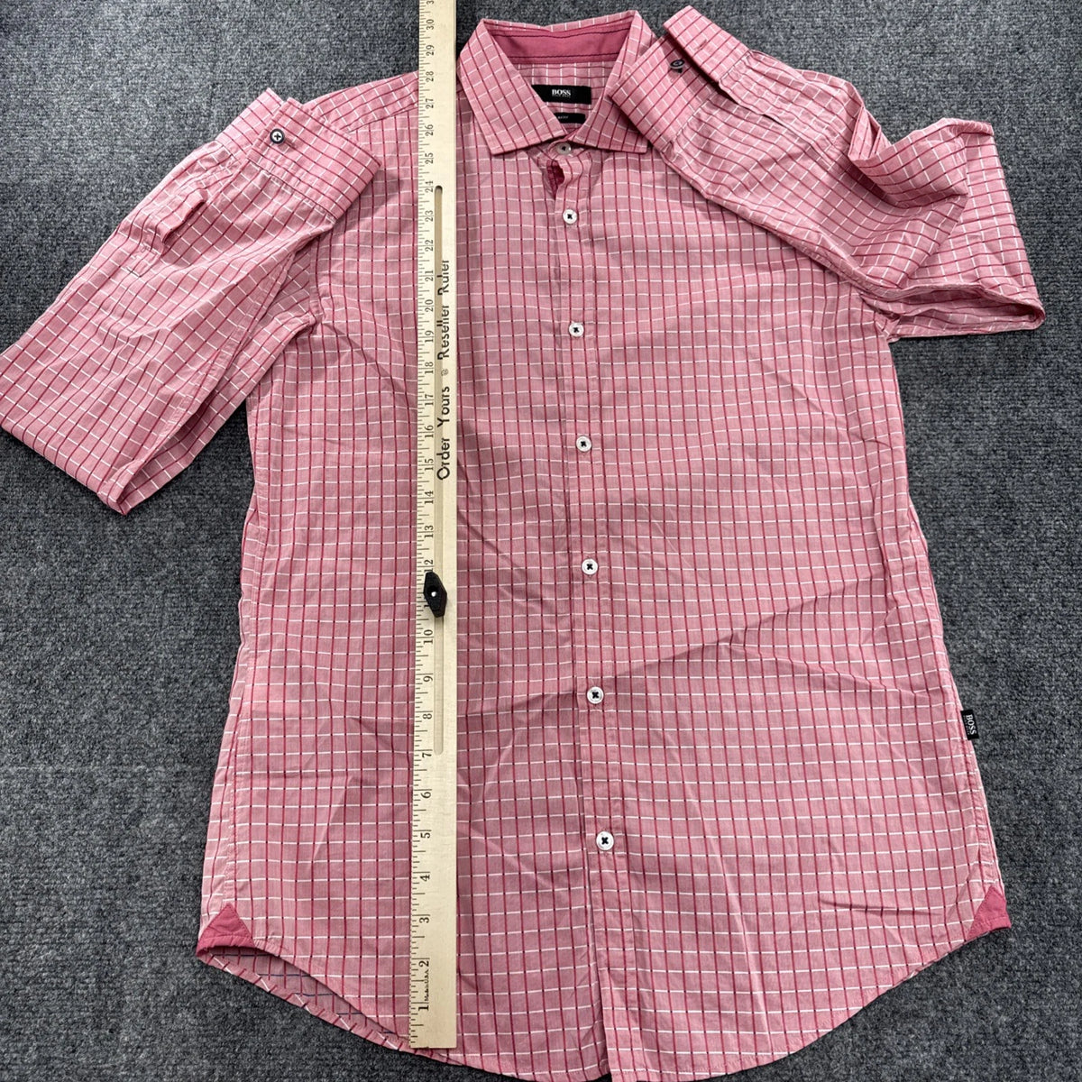 Hugo Boss Slim Fit Dress Shirt Medium Pink Check Button Front Long Sleeve