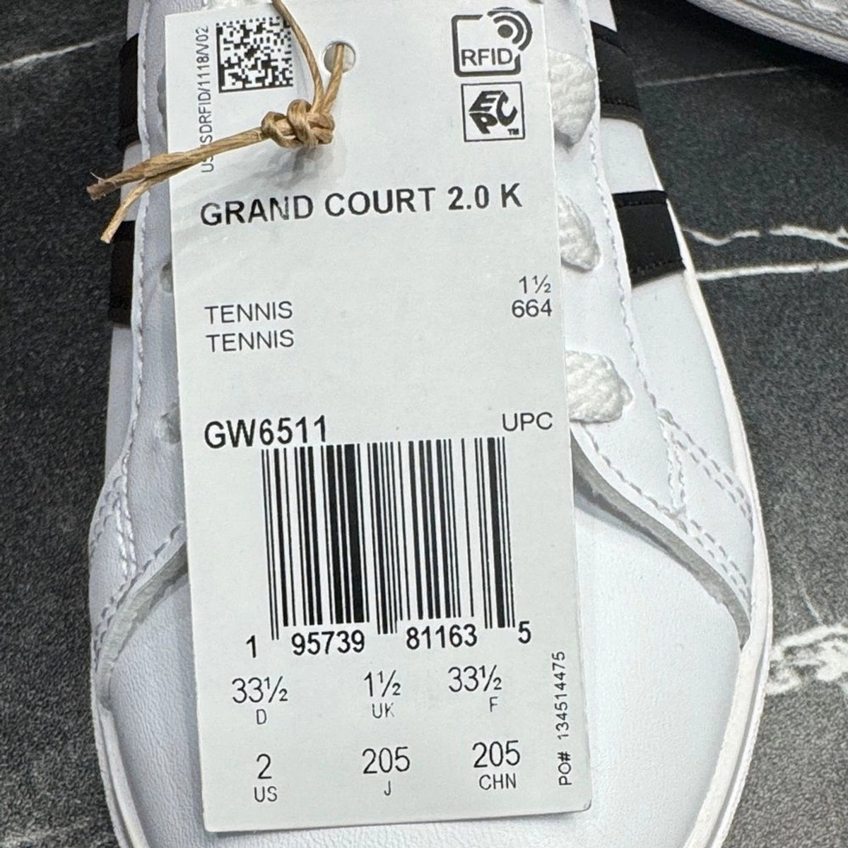 adidas Grand Court 2.0 K Kids 2 White Black GW6511 New with Box