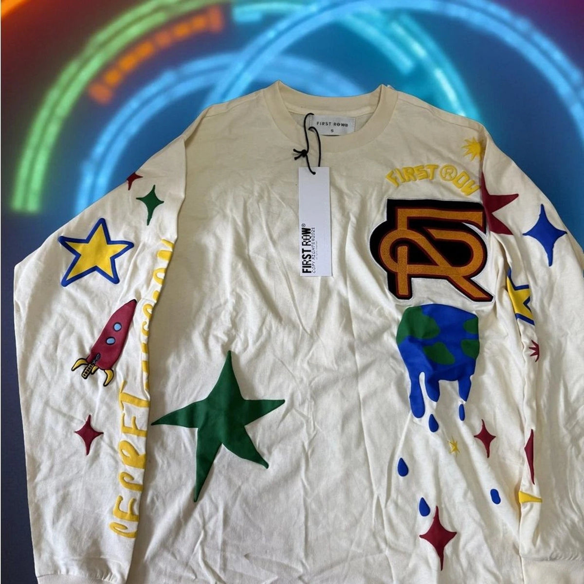 First Row Out Of This World Shirt Men's Small Beige Graphic Long Sleeve NWT